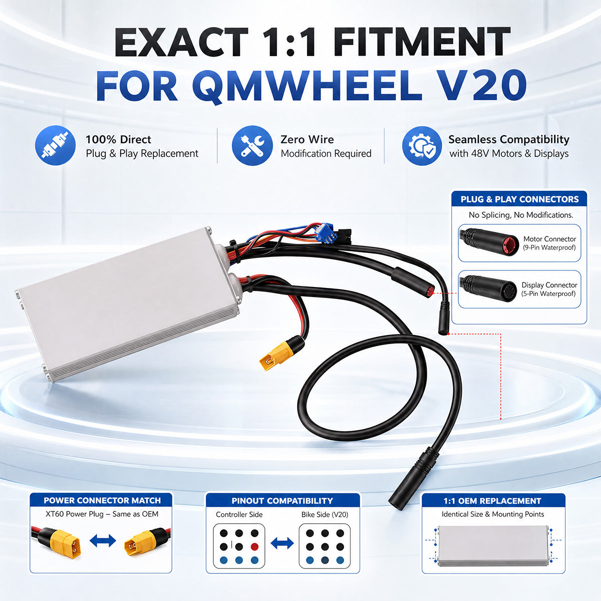 Reliago Electric Bike Controller 48V 500W Sine Wave Motor Controller with H6C Display for QMWHEEL V20 Electric Bicycle Replacement Parts